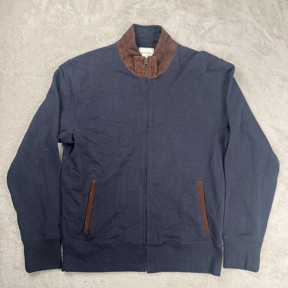 Billy Reid Leather Trim Zip Up Jacket Mens L Navy‎ Blue Preowned